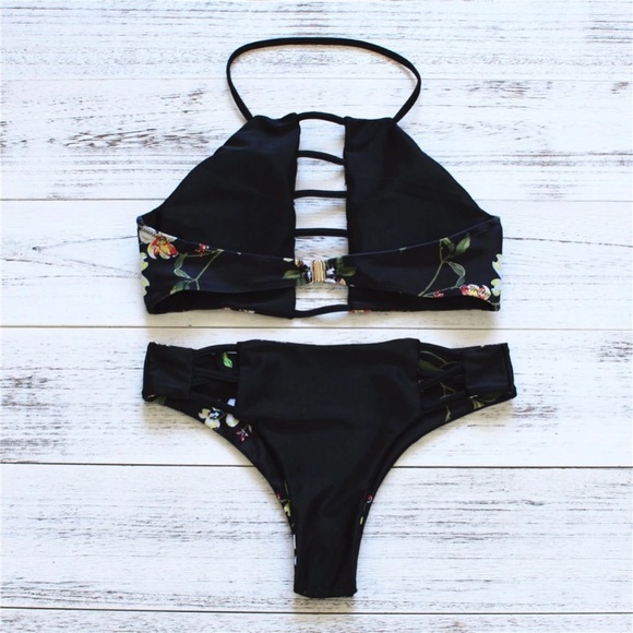 Black Floral Halter Bikini - Picture 2 of 2